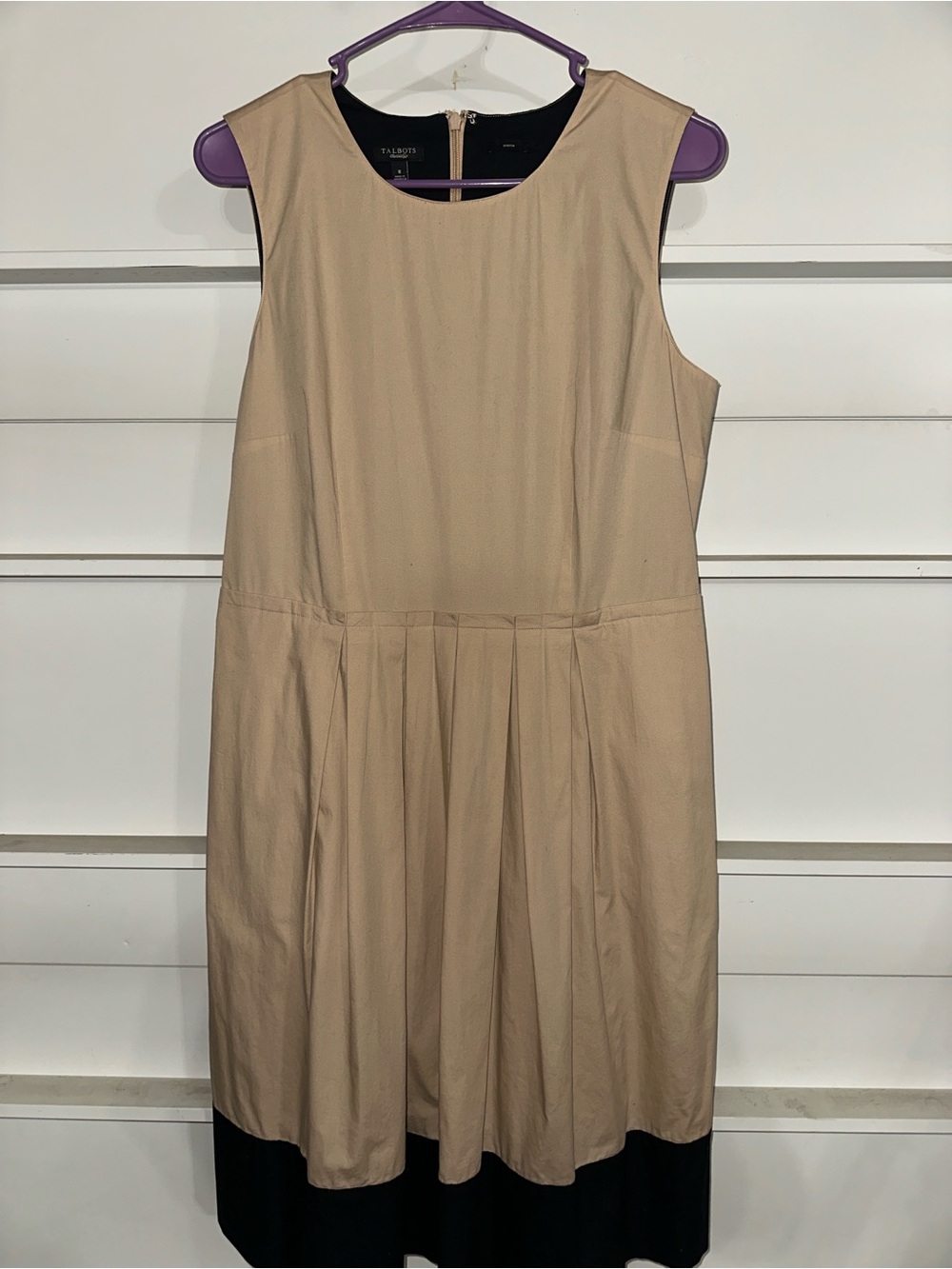 Talbots Black Label Stretch Fit & Flare Midi Dress Tan Black Colorblock Size 8